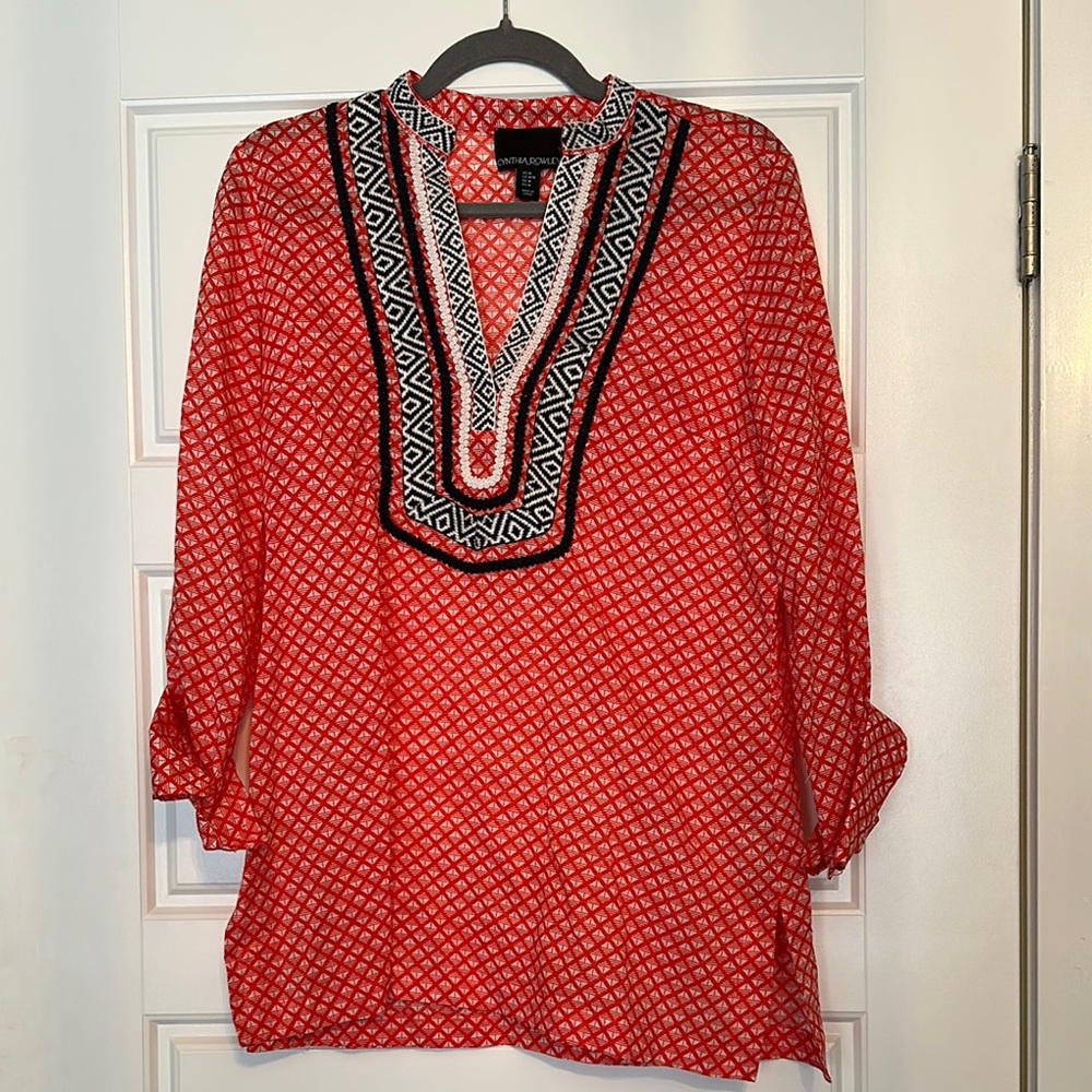 Cynthia Rowley Red and White Embellished Tunic with 3/4 Sleeves